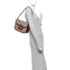 GG Supreme Monogram Azalea Calfskin Horsebit 1955 Shoulder Bag Beige Ebony New Cherry Red