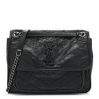 Crinkled Calfskin Matelasse Monogram Medium Niki Chain Satchel Black