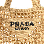 Yarn Raffia Effect Crochet Logo Embroidered Small Tote Bag Naturale
