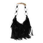 Suede Calfskin Fringe Buffalo Horn Mombasa Hobo Black