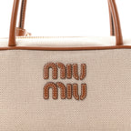 Canvas Calfskin Small Beau Top Handle Bag Naturale Brandy