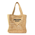 Yarn Raffia Effect Crochet Logo Embroidered Small Tote Bag Naturale