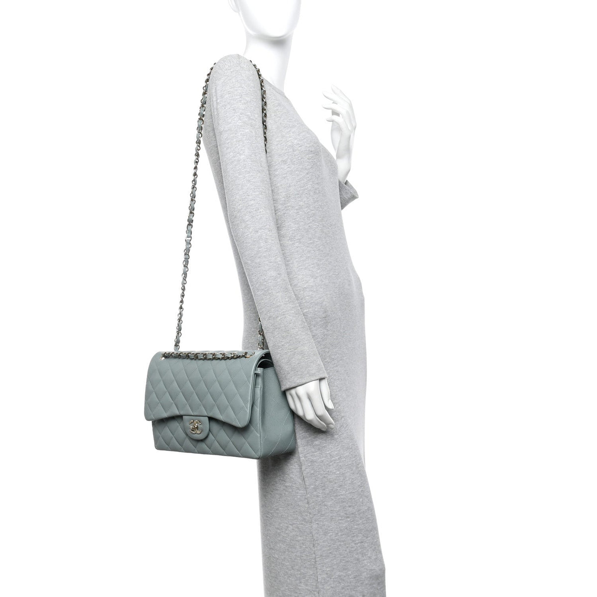 Caviar Quilted Jumbo Double Flap Light Blue