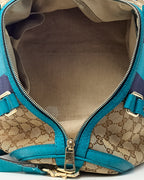 Gucci Blue Leather and Beige GG Monogram Canvas Blue Web Joy Boston Bag with Strap