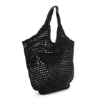 Yarn Raffia Effect Crochet Logo Embroidered Shopping Tote Bag Black