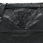 Crinkled Calfskin Matelasse Monogram Medium Niki Chain Satchel Black