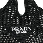 Yarn Raffia Effect Crochet Logo Embroidered Shopping Tote Bag Black